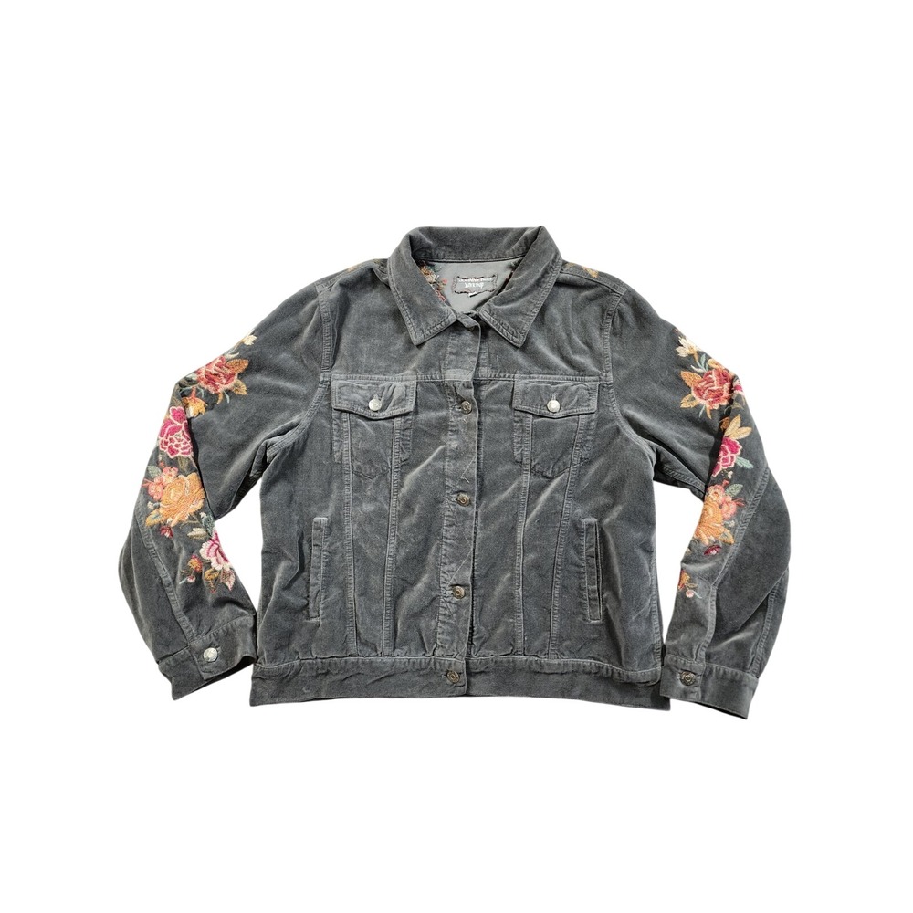 Johnny Was Workshop Corduroy Floral Embroidered Trucker Jacket Womens L Gray